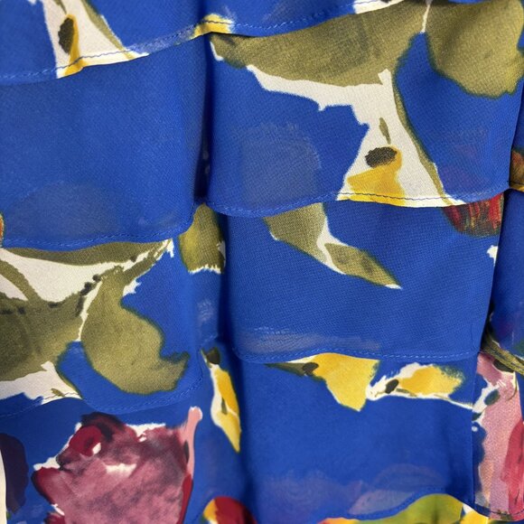 Floral Tiered Blue Sleeveless V-Neck Maxi Dress With Ruffled Layers & Multicolor - Picture 6 of 13